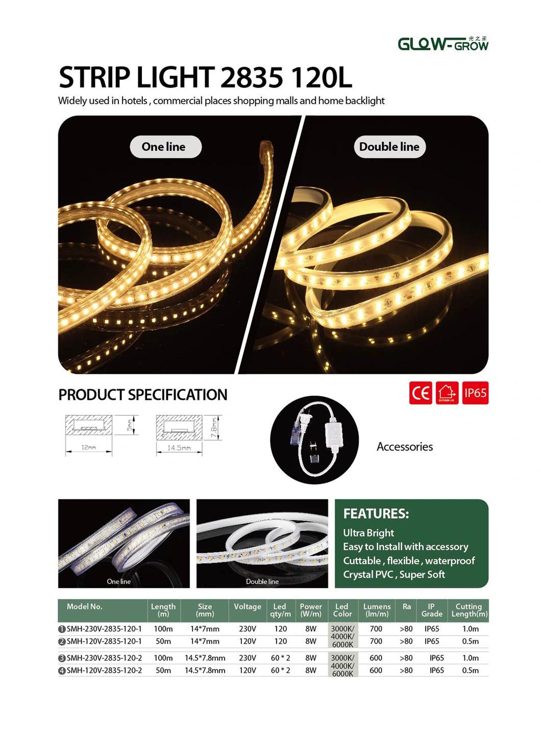 Ra>80 IP65 600lm/M 60*2LEDs/M 2835 LED Strip Light with CE Approval
