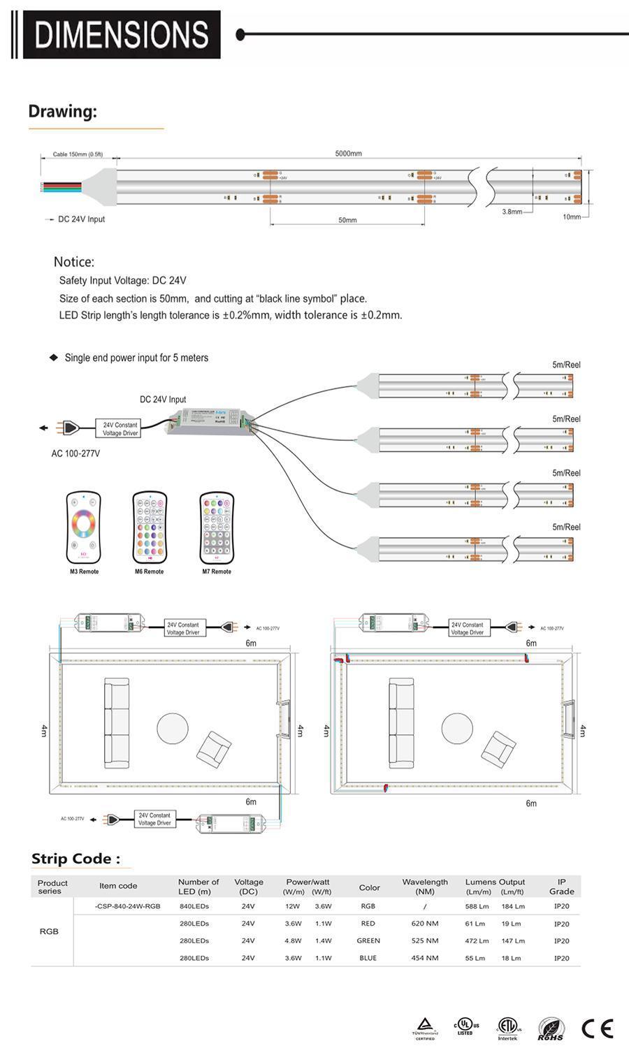 24V RGB Csp LED Light Strip 840LEDs/M with Remote Controller