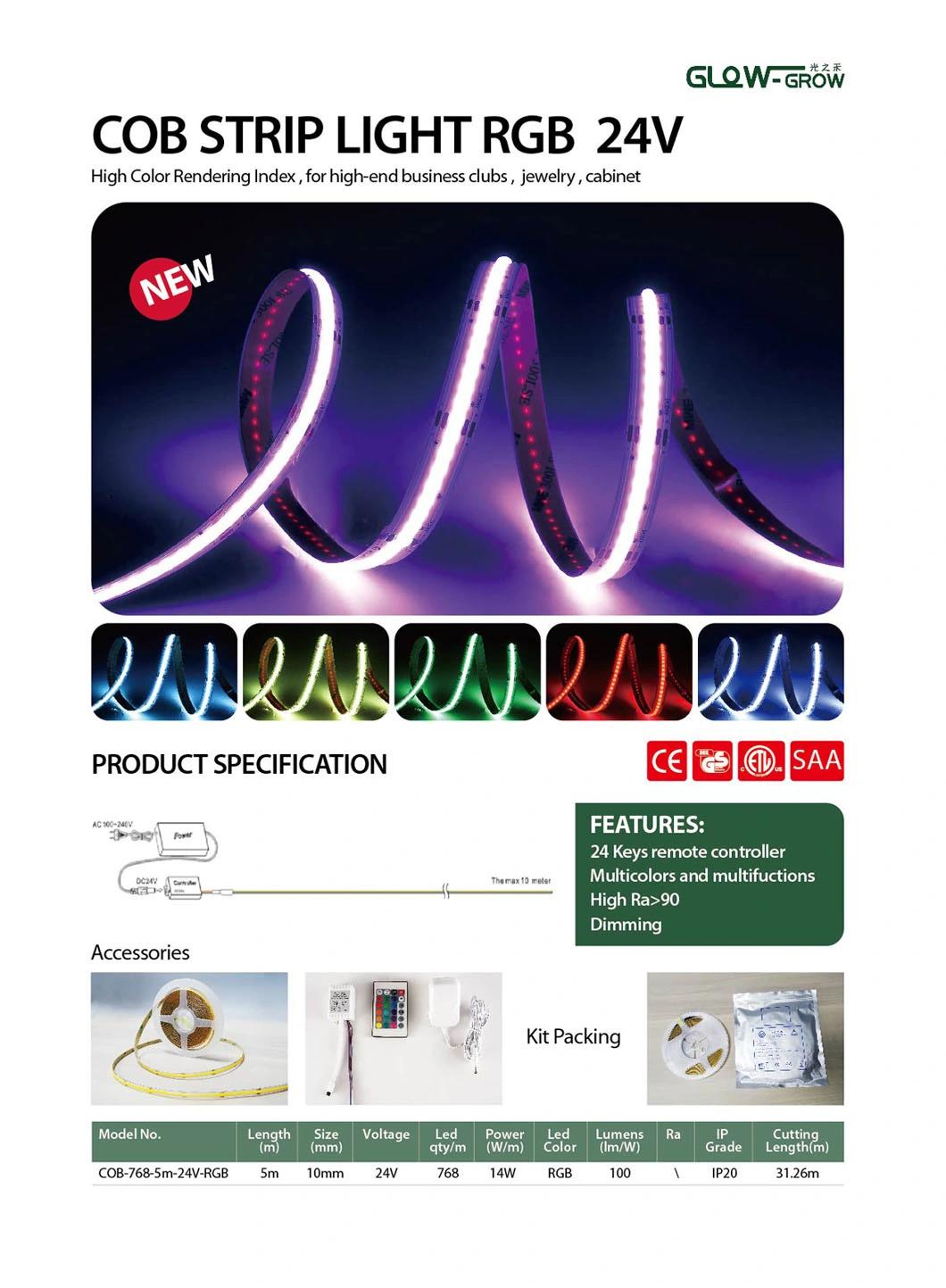 Indoor Use 5m 14W/M LED RGB COB Strip Light with Multicolors and Multifuctions