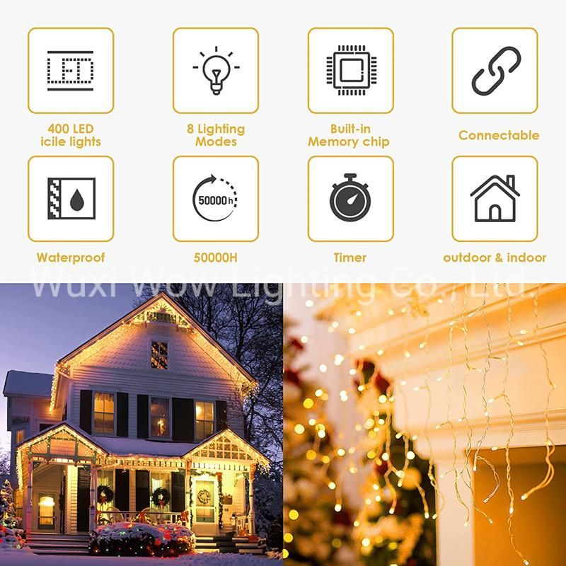 Icicle Lights Outdoor 10m 400 LED Waterproof Outdoor Christmas Lights 8 Modes Plug in Long Fairy Light Connectable Window Curtain Lights for Home Garden