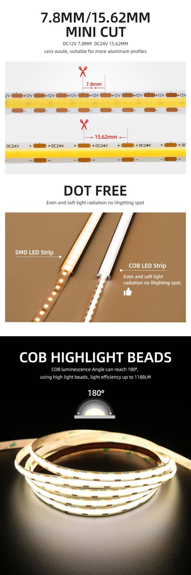 DOT Free in Aluminum Profile 512chips/M COB DC12V COB LED Strip Light