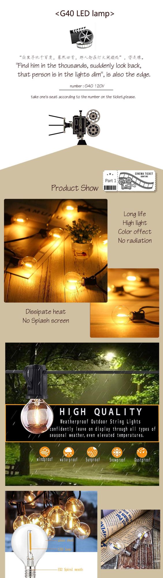Portable Hot Selling G40 E12 Rainproof Patio Penchway LED String Light for Festival Light