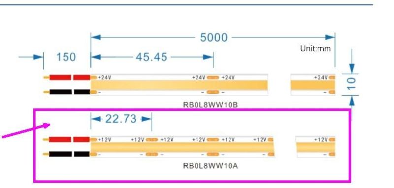 10mm Width DC12V Cut Unit 22.73mm LED Flexible COB Strip for Project