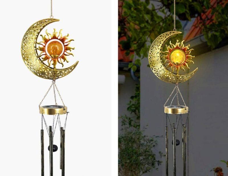 Sun Moon Hanging Outdoor Dé Cor Crackle Glass Ball Warm LED Memorial Wind Chimes Light with Deep Tone Metal Tubes Waterproof Wyz18489