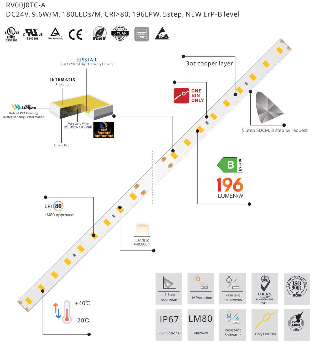 200lm/W CRI>80 DC24V 9.6W 1990lm/M Lm80 Approved High Efficiency ERP Flex LED Strip