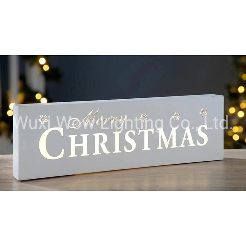 LED Merry Christmas Sign Decoration Wood 38 Cm - White