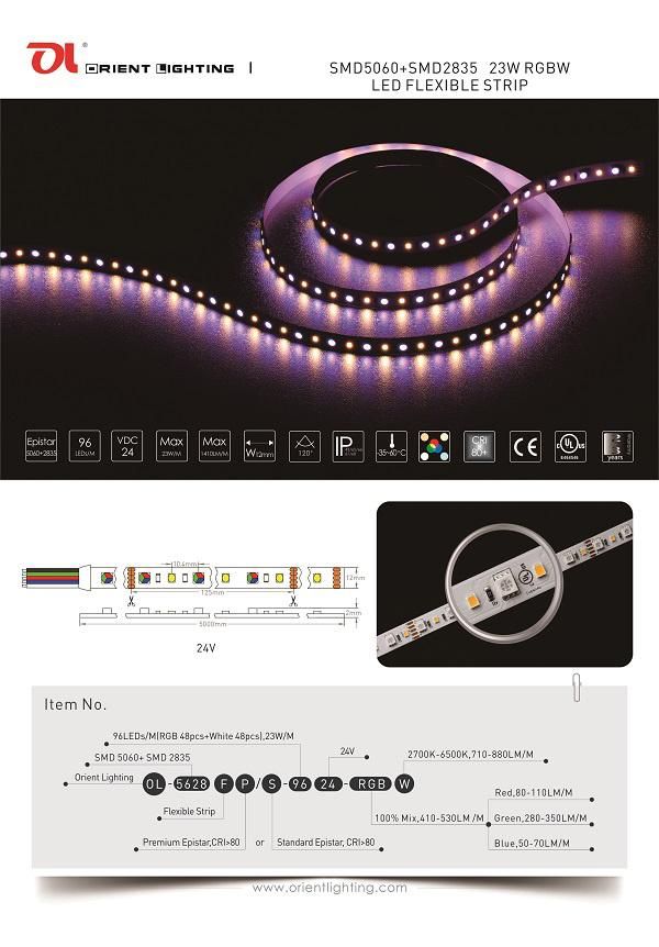 UL Ce SMD5060+2835 96LEDs/M 23W/M 3000K RGBW IP66 LED Strip Light