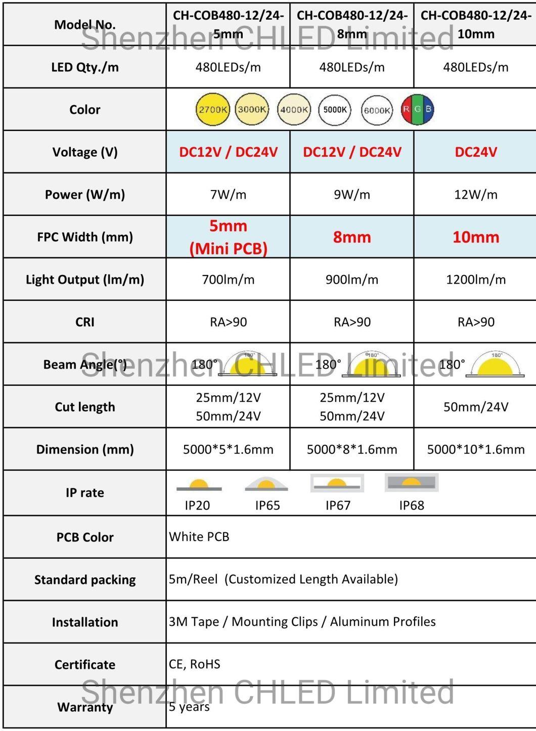 3000K 6000K White IP65 IP67 IP68 Waterproof LED Light 8mm 10W 24V LED Strip Light COB LED Light Strip for Indoor Outdoor Decoration Light