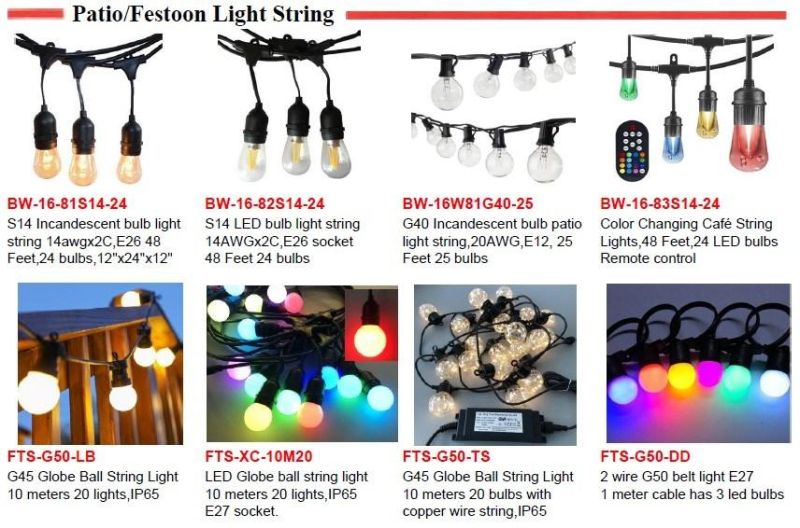42FT Patio Lights E26 E27 S14 LED Bulbs LED Cafe Decoration Light