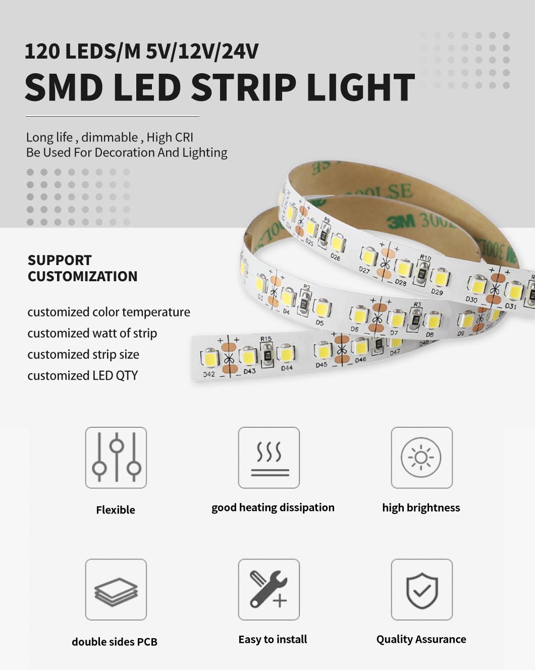 High Lumen 2835 120LEDs/M 80/90/95ra White Flexible LED Strip Light