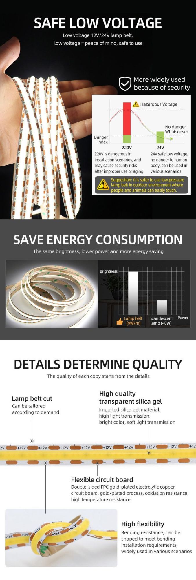 DC12V 24V LED COB Strip Light Fcob Strip Light 12W 9W DOT Free in Aluminium Profile Flexible Strip