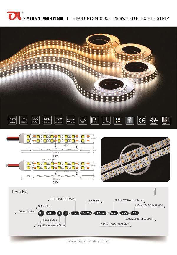 UL Ce Epistar 5050 120LEDs/M 28.8W/M CRI 90 LED Strip Light