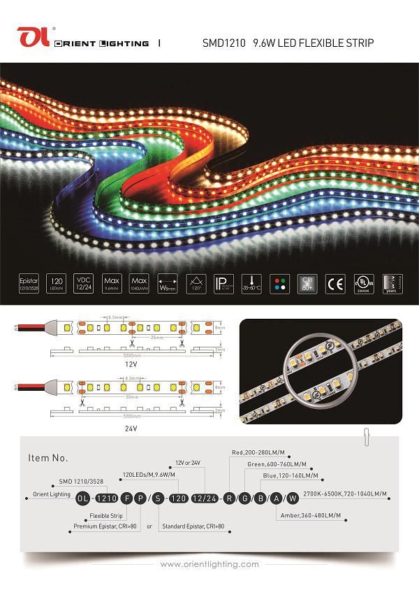 UL Ce Epistar 1210/3528 120LEDs 9.6W IP20 Red LED Strip Light