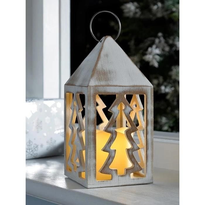 Lantern Christmas Decoration Wood 21.5 Cm White Tree