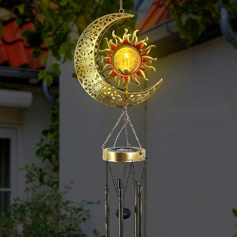 Sun Moon Hanging Outdoor Dé Cor Crackle Glass Ball Warm LED Memorial Wind Chimes Light with Deep Tone Metal Tubes Waterproof Wyz18489