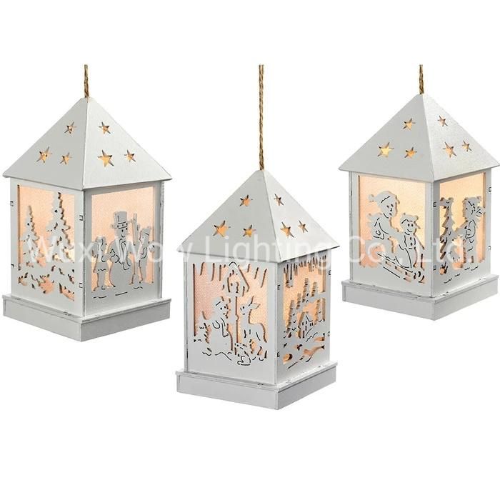 Christmas Hanging Lantern Wood 12 Cm - White Set of 3 - White