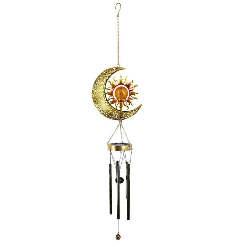 Sun Moon Hanging Outdoor Dé Cor Crackle Glass Ball Warm LED Memorial Wind Chimes Light with Deep Tone Metal Tubes Waterproof Wyz18489
