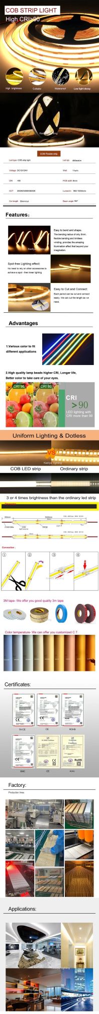Factory COB 480 Chips Dimmable Flexible LED Light COB Strip