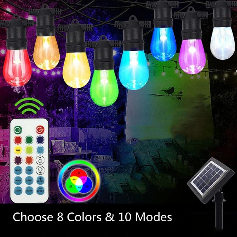 RGB Solar String Lights, 48FT Outdoor Patio Lights with 15 LED Color Changing Bulbs