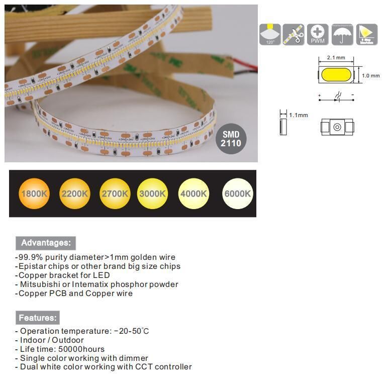 No Dots DC24V Warm White 3000K CRI 90 SMD2110 High Densiyt 700LEDs Flexible LED Strip Light