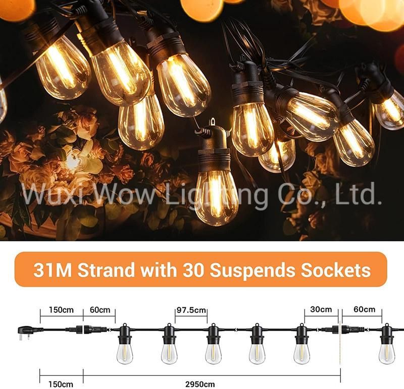 S14 Outdoor String Lights 101FT/30m IP65 Festoon Lights Connectable Outdoor Garden String LED Lights for Commercial Patio Decor