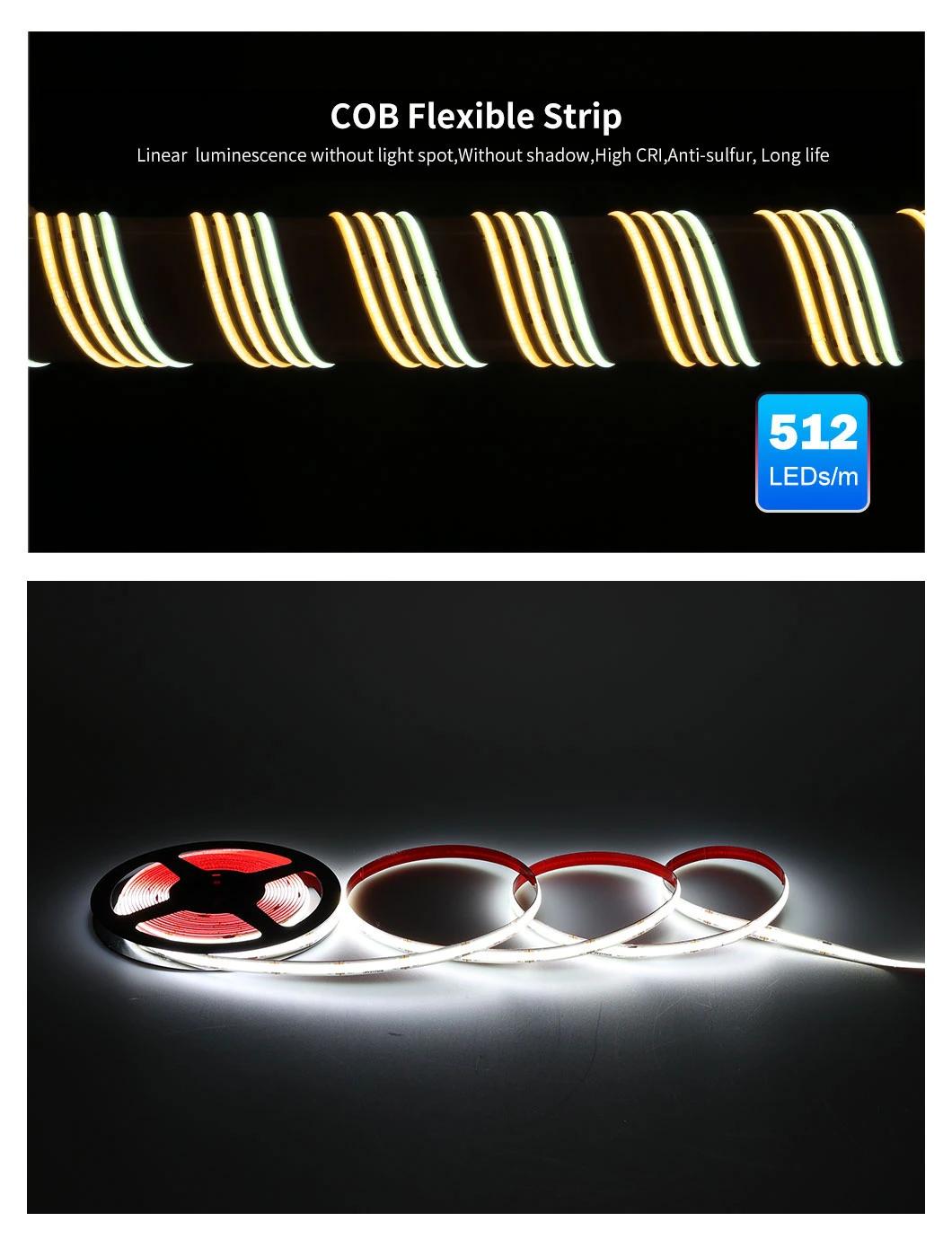Utra Thin 24V Flexible Rope Light Cuttable 12W 512LED/M LED COB Strip Tape Flexible Ribbon Light