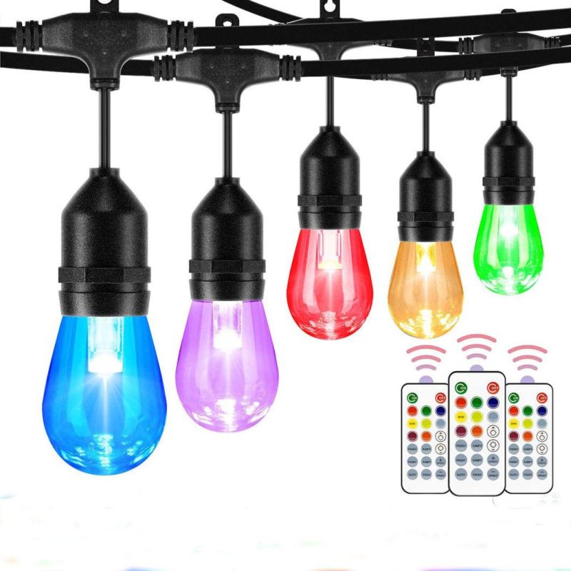 48FT Color Changing Outdoor RGB Cafe LED String Lights with 16 S14 Shatterproof Bulbs