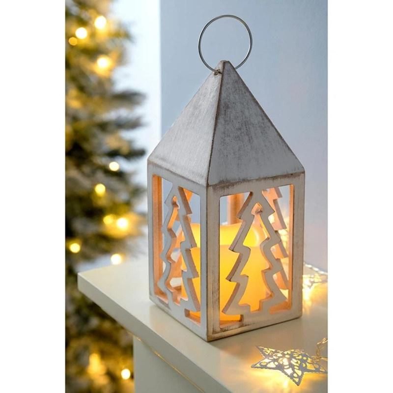 Lantern Christmas Decoration Wood 21.5 Cm White Tree