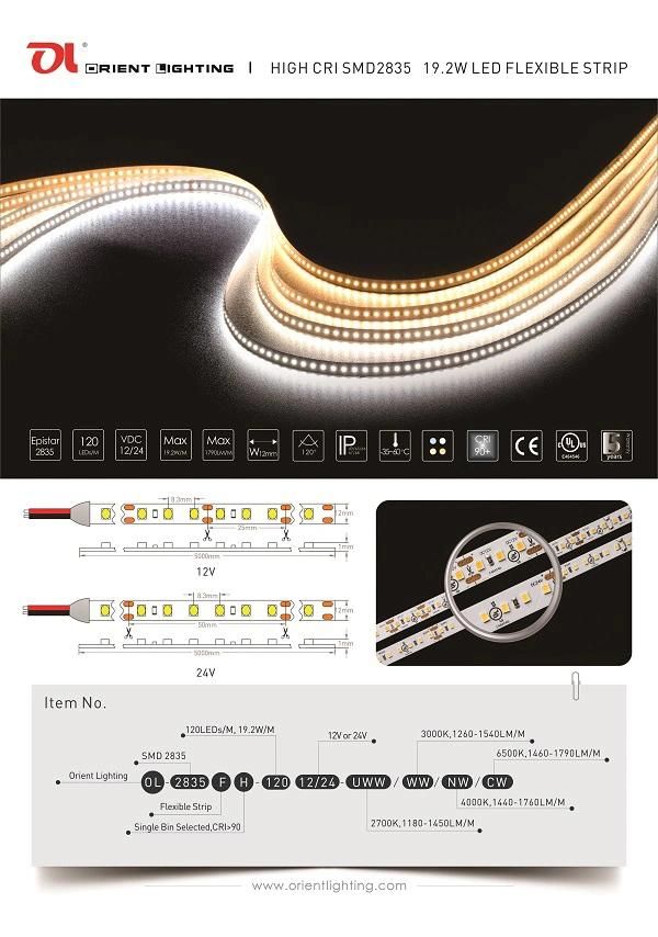 UL Ce 2835 120LEDs 19.2W Wateproof IP65 24V 4000K Outdoor LED Strip Light