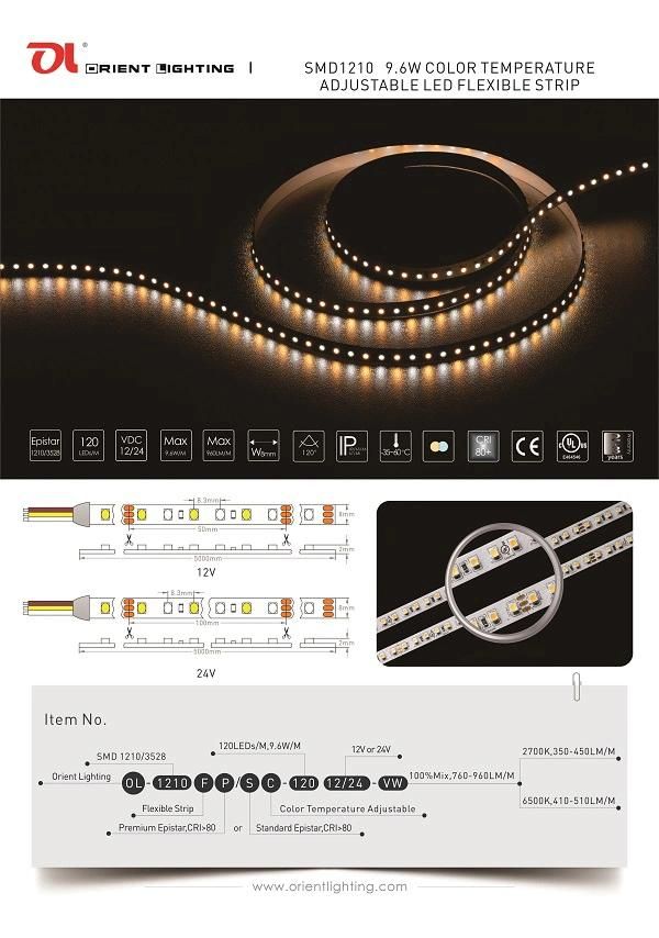 UL Ce SMD 1210 Color Temperature Adjustable Flexible LED Strip Light