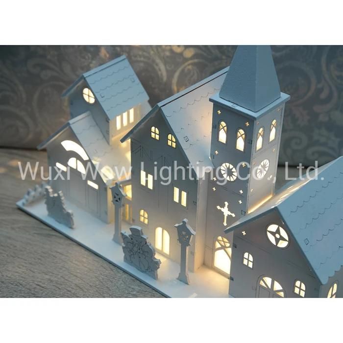 Wooden Church Scene Illuminated with 4 Warm LED Lights - White