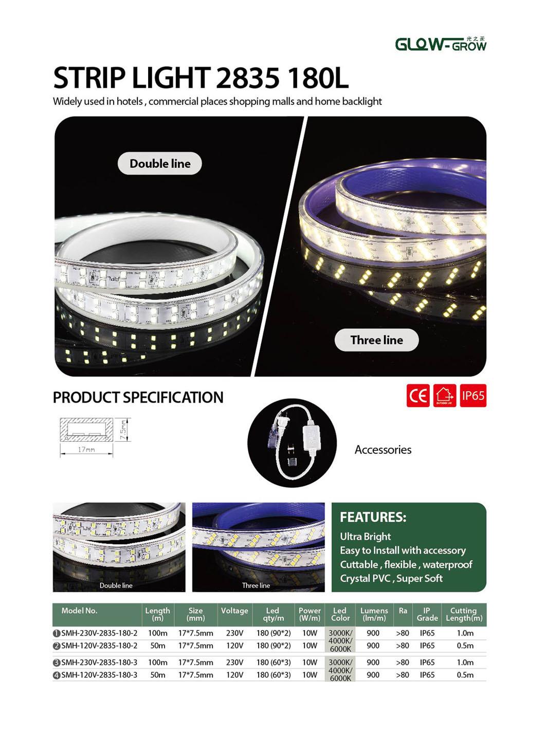 120V 50m 900lm/M 180 (60*3) LEDs/M 2835 IP65 Flexible LED Strip Light with AC/DC Converter