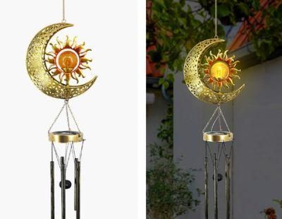 Sun Moon Hanging Outdoor D&eacute; Cor Crackle Glass Ball Warm LED Memorial Wind Chimes Light with Deep Tone Metal Tubes Waterproof Wyz18489