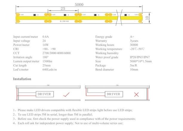 High Lumen 180degree IP20 COB LED Strip Light