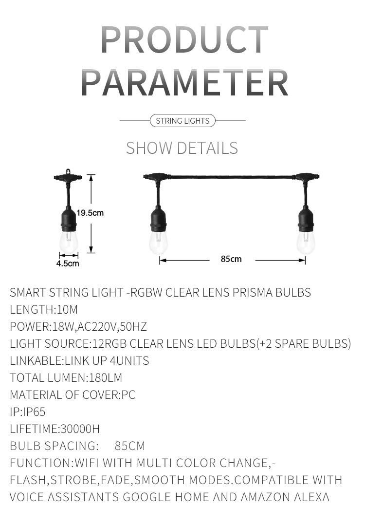 Smart Patio String Lights Commercial String Lights RGBW Multi Color Outdoor LED Cafe Lights