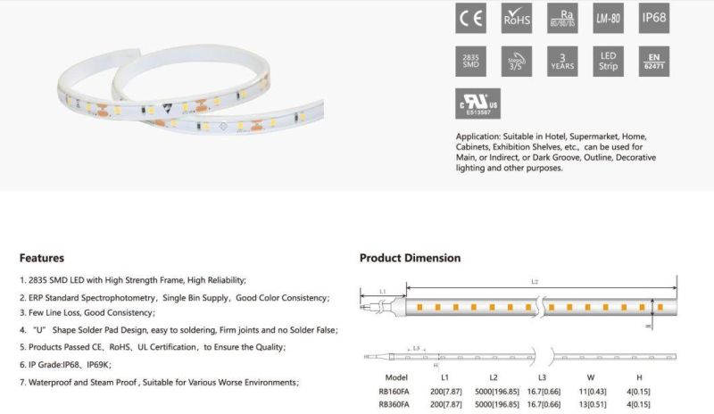 13mm 2835SMD IP68 Waterproof LED Strip Light with TUV-CE, UL