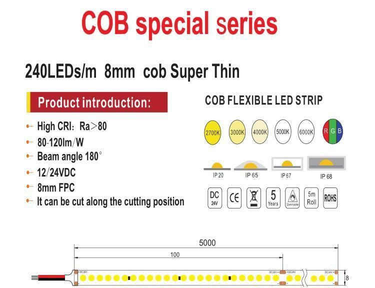 5m DC24V COB LED Strip 80 160 240LEDs High Density Flexible COB LED Lights CRI 80 CCT LED Tape LED Strip
