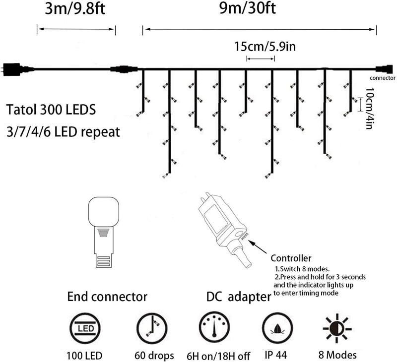 Icicle Light 300 LED 9 Meters Icicle Style String Lights Christmas Lights Connectable 8 Lighting Modes Multifunction Plug in for Christmas Garden Patio