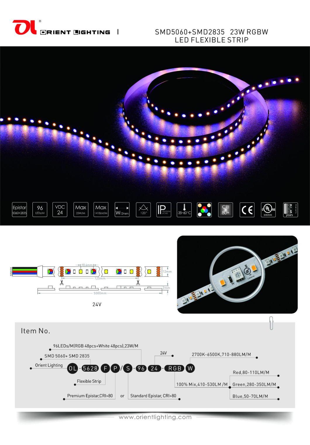 Ce UL Epistar 5050+2835 96LEDs/M 24V 23W/M 3000K RGBW LED Tape Light