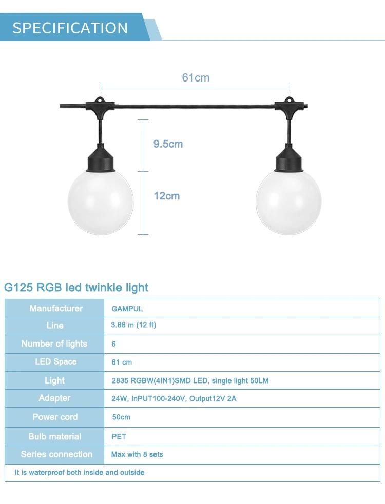 6 Bulbs 12FT G125 LED Decorative Outdoor Globe Light String