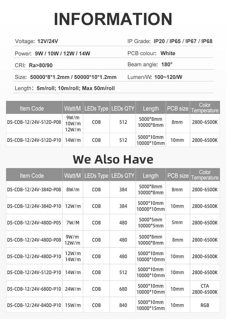 Wholesale Customized 8mm PCB 512chips Per Meter LED COB Strip Light