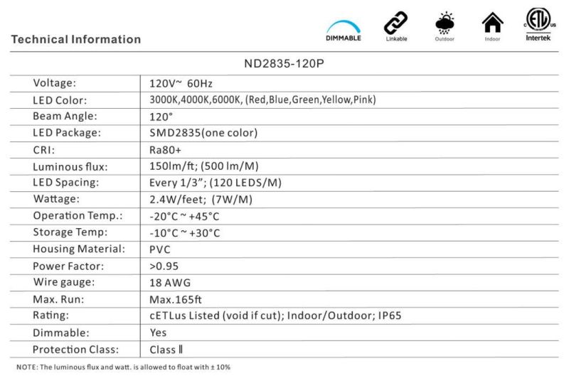 UL/ETL 120V 2835-120p Waterproof Rope Light Tira LED