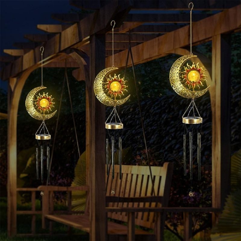 Sun Moon Hanging Outdoor Dé Cor Crackle Glass Ball Warm LED Memorial Wind Chimes Light with Deep Tone Metal Tubes Waterproof Wyz18489