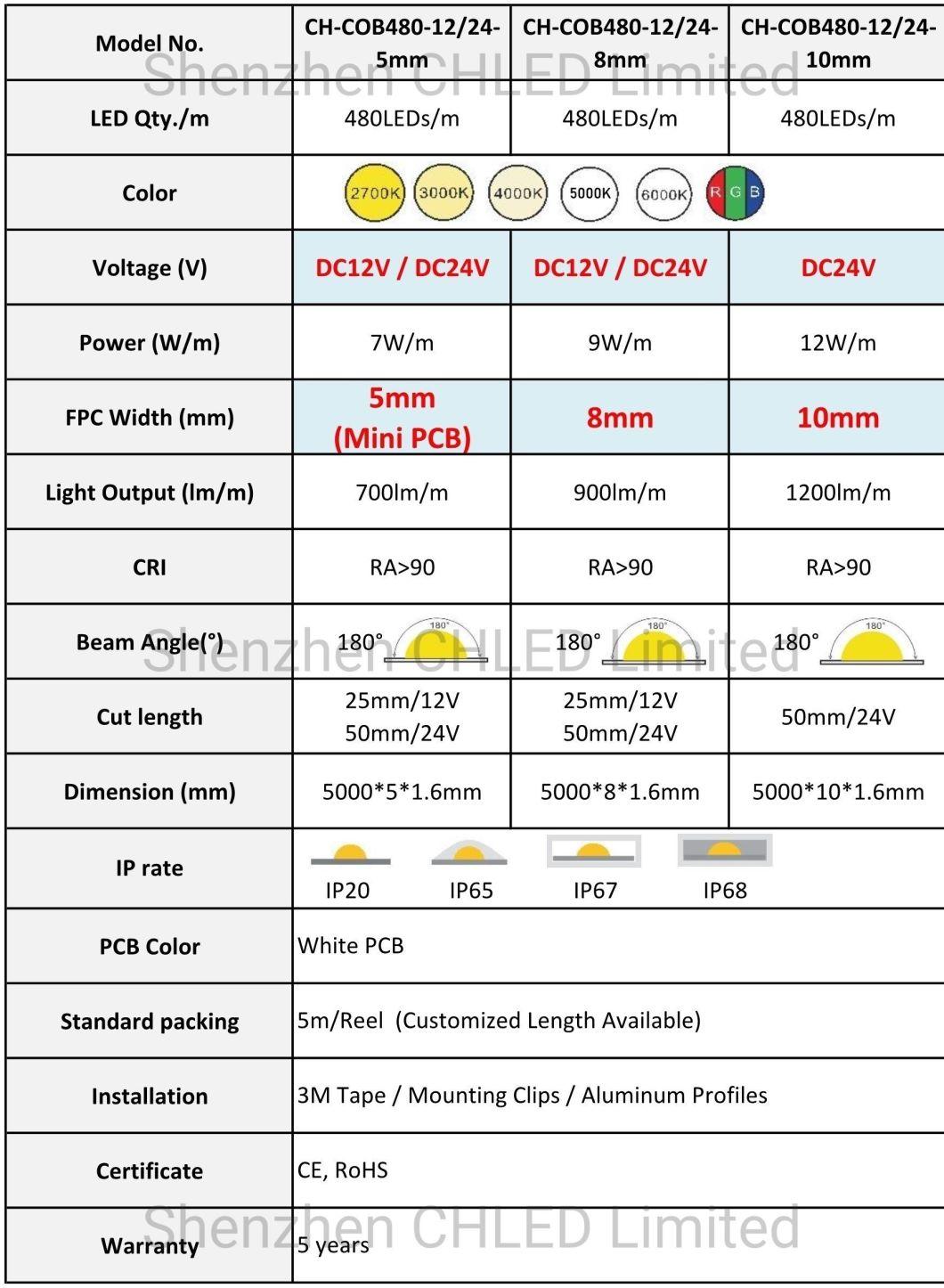 Ra90 CRI90 Free Dots Flexible LED Strip with COB Fob Chips for Christmas Decoration