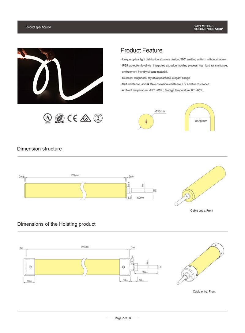 CE / RoHS / UL Listed 22mm / 25mm / 30mm / 40mm 24V DC 360 Degree Emitting Silicone LED Neon Strip