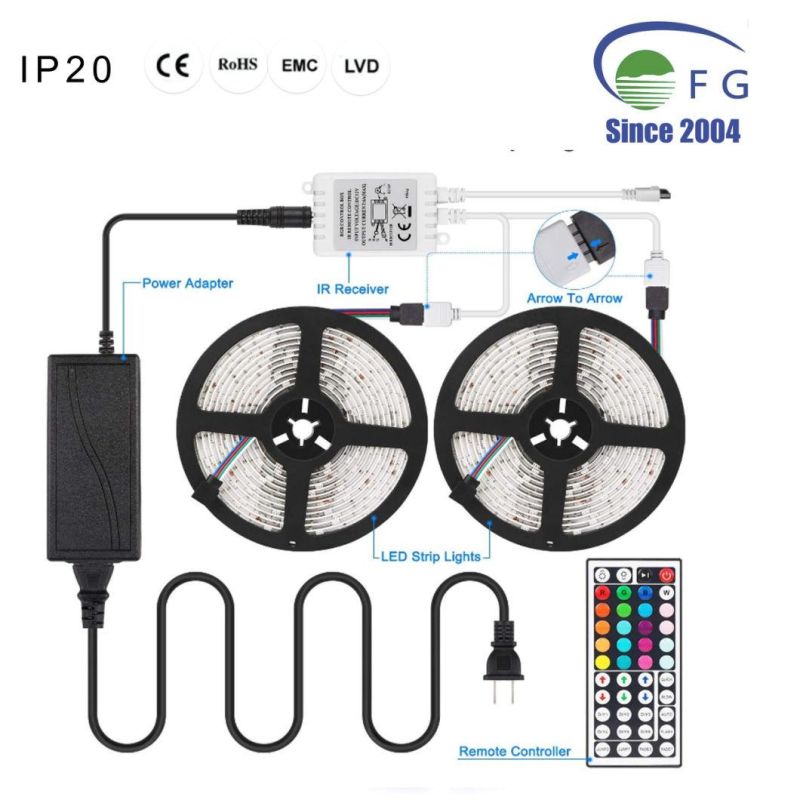 10m 5050 RGB Color Changing Rope Lights Flexible LED Strip Light Kit with 44key IR Remote Controller & Power Adapter for Halloween, Thanksgiving, Christmas Day