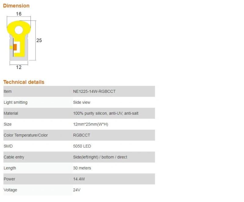 Streamline-Long Lenth 12*25mm 30meters RGB CCT Silicon Neon IP67 (Sidwe view -Dome head)
