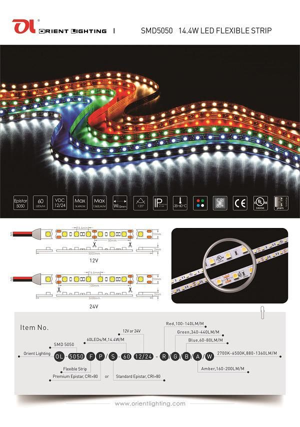 UL Ce SMD5050 High Power Flexible Strip-60 LEDs/M LED Strip Light