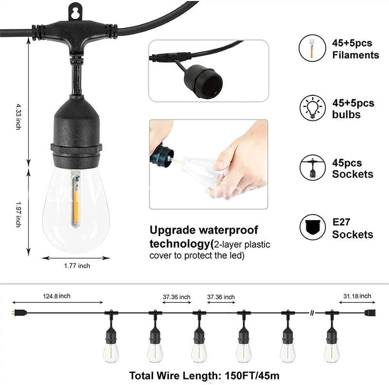 150FT S14 Outdoor String Light Garden Lights Mains Powered Waterproof IP65 with 45+5 Plastic LED Bulbs Warm White 2700K