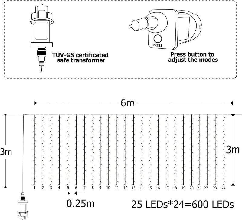 Curtain Light 6m X 3m 600 LED Gazebo Lights Mains Powered, 8 Modes Pergola Lights Plug in Window Lights for Bedroom Indoor Outdoor Garden Wedding Party Decor